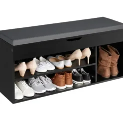 tectake Schoenenkast Natalya met zitkussen 104x30x49cm, Zwart