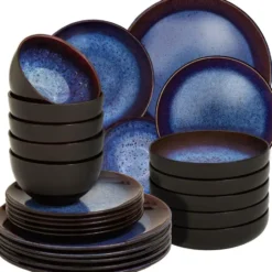 tectake Serviesset Mare van aardewerk, voor 6 personen, Blauw/Bruin