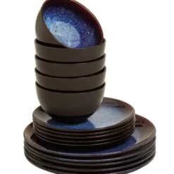 tectake Serviesset Mare van aardewerk, voor 6 personen, Blauw/Bruin