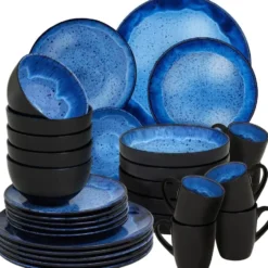 tectake Serviesset Mare van aardewerk, voor 6 personen, Blauw