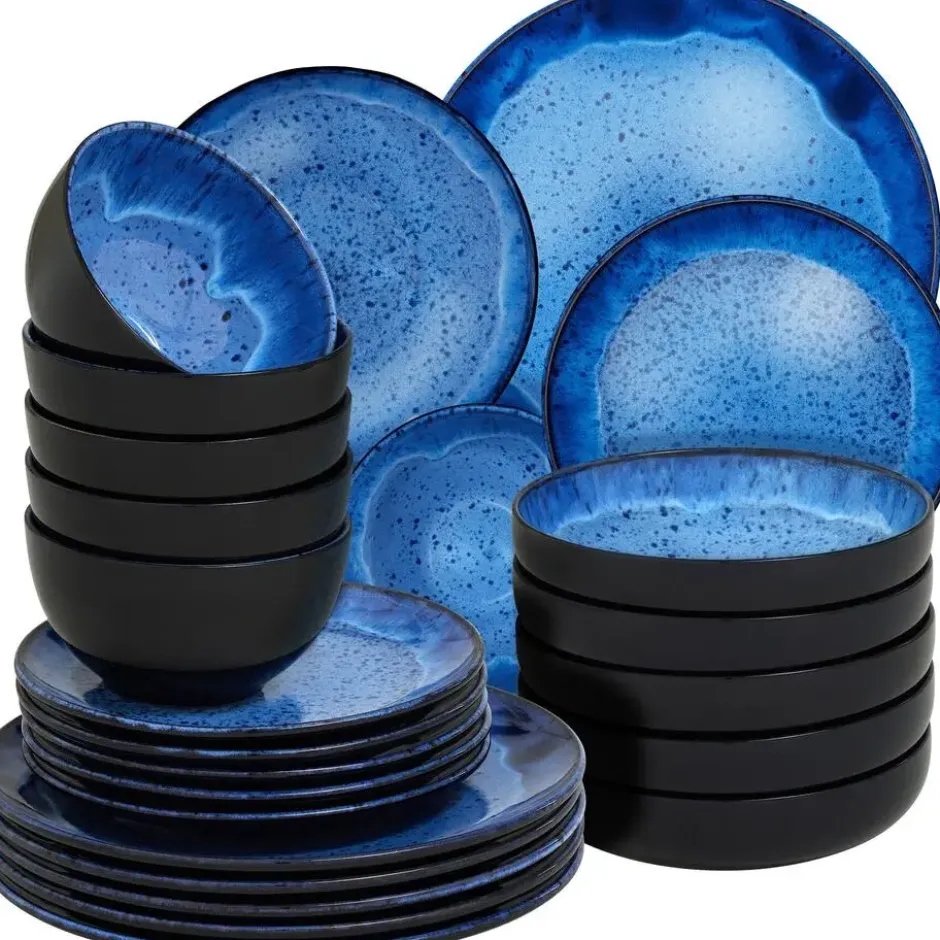 tectake Serviesset Mare van aardewerk, voor 6 personen, Blauw