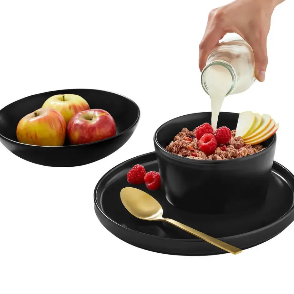 tectake Serviesset Una, van aardewerk, voor 6 personen, Zwart