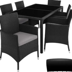 tectake - tuinset Porto 6 + 1 - wicker - zwart / grijs