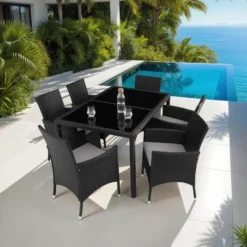 tectake - tuinset Porto 6 + 1 - wicker - zwart / grijs
