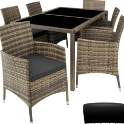 tectake - tuinset Porto 6 + 1 - wicker - natuurkleur
