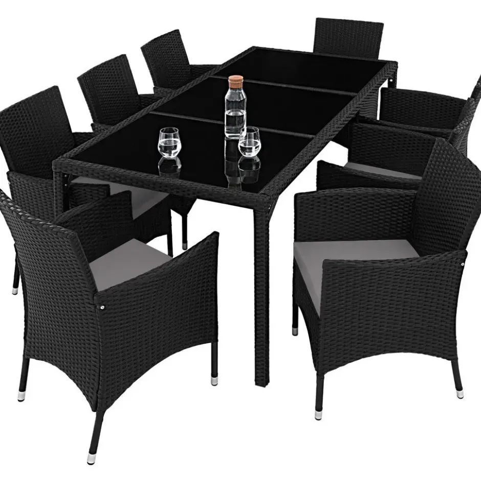 tectake - tuinset 8 stoelen en tafel - wicker - zwart / grijs