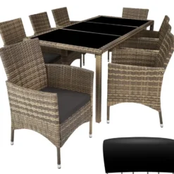 tectake - tuinset 8 stoelen en tafel - wicker - natuurkleur