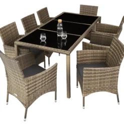 tectake - tuinset 8 stoelen en tafel - wicker - natuurkleur