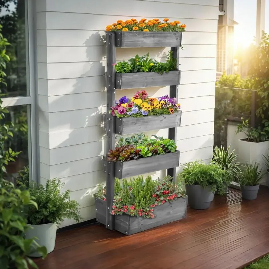 tectake Verhoogde Plantenbak 5 Verdiepingen Grijs Dennenhout 81 x 52 x 180 cm