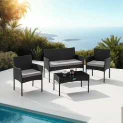 tectake Wicker loungeset Palese voor 4 personen - Zwart