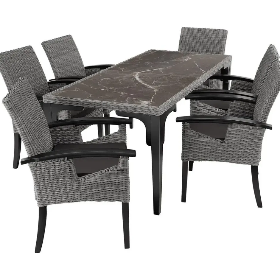 tectake Wicker tafel Foggia met 6 stoelen Rosarno, Grijs