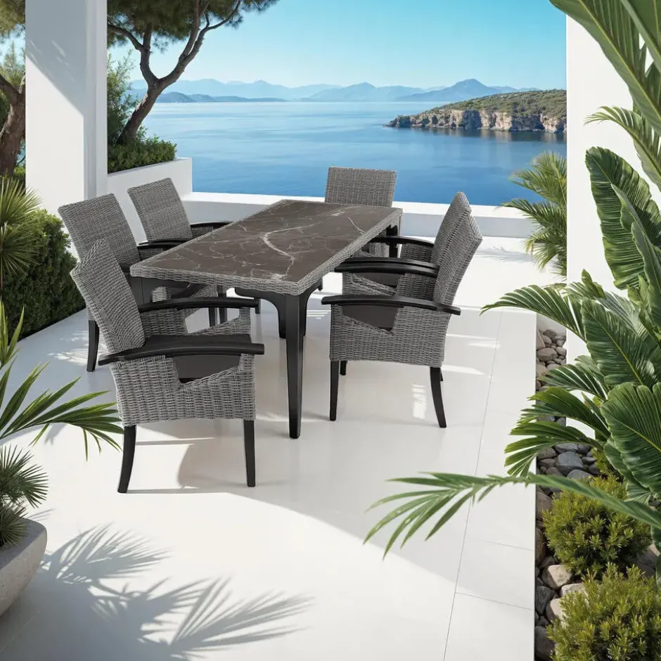 tectake Wicker tafel Foggia met 6 stoelen Rosarno, Grijs