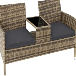 tectake Wicker tuinbank met tafel, Natuur/Donkergrijs