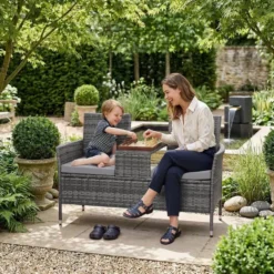 tectake Wicker tuinbank met tafel, Grijs/Lichtgrijs
