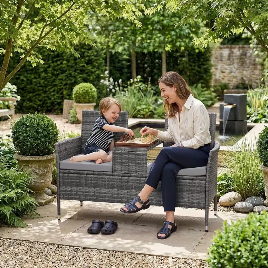 tectake Wicker tuinbank met tafel, Grijs/Lichtgrijs
