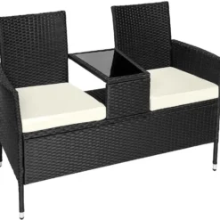 tectake Wicker tuinbank met tafel, Zwart/Beige
