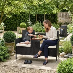 tectake Wicker tuinbank met tafel, Zwart/Beige