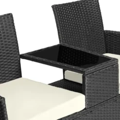tectake Wicker tuinbank met tafel, Zwart/Beige