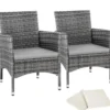 tectake 2 Wicker tuinstoelen met 4 kussenhoezen , Grijs/Lichtgrijs