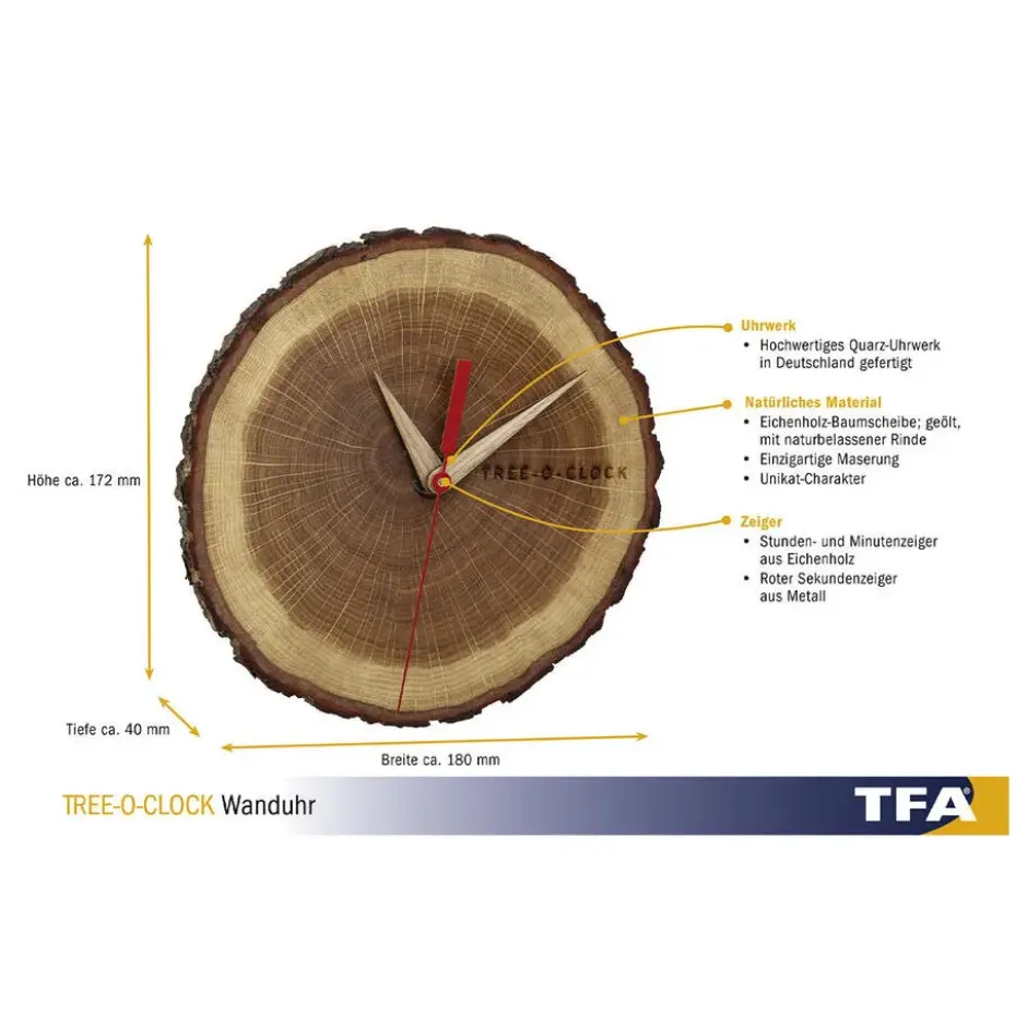 TFA boomschijf/boomstam wandklok - eikenhout - naturel - Dia 18 cm