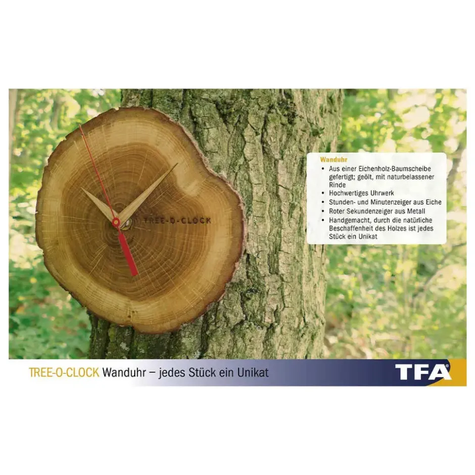 TFA boomschijf/boomstam wandklok - eikenhout - naturel - Dia 18 cm