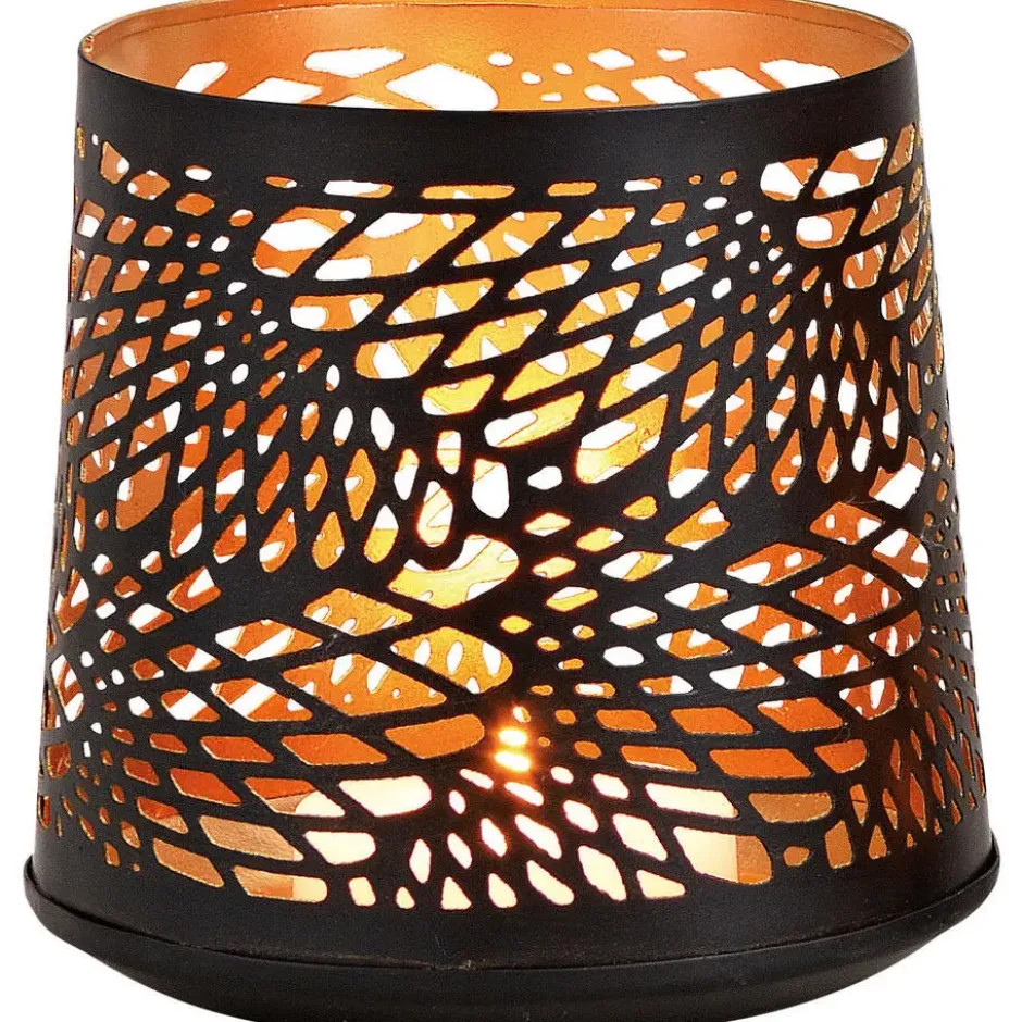 Theelichthouder - zwart met goud - metaal - 13 cm