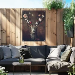 Tuinposter Hert met bloemengewei - 80 x 60 - Bruin