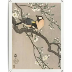 Tuinposter Ohara Koson - Koolmezen op bloesemtak - 80 x 60