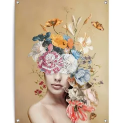 Tuinposter Vrouw met bloemen - 80 x 60 - Bont