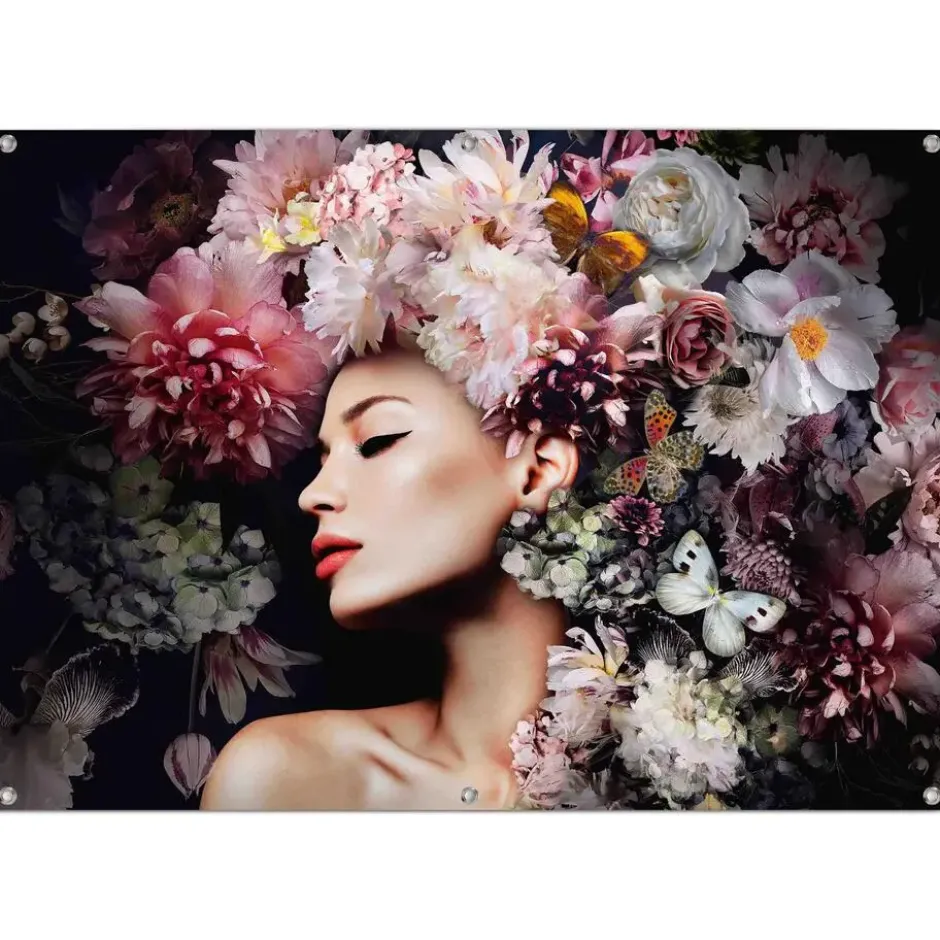 Tuinposter Vrouw met bloemenhoed - 100 x 140 - Roze
