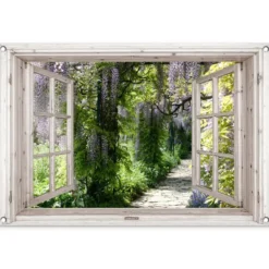 Tuinposter 90x60 cm Blauwe regen - Bloemen - Doorkijk - Boom - Lente