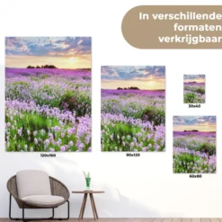 Tuinposter 120x160 cm Bloemen - Lavendel - Paars - Lucht - Zonsondergang - Weide