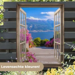 Tuinposter 120x160 cm Doorkijk - Berg - Landschap - Uitzicht - Meer