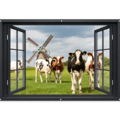 Tuinposter 180x120 cm Doorkijk - Koe - Molen - Koeien - Weiland - Gras - Groen