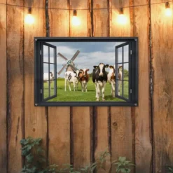 Tuinposter 90x60 cm Doorkijk - Koe - Molen - Koeien - Weiland - Gras - Groen