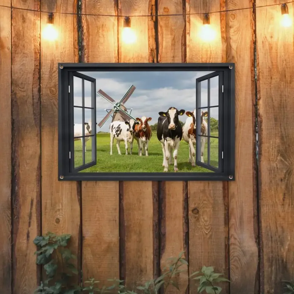 Tuinposter 90x60 cm Doorkijk - Koe - Molen - Koeien - Weiland - Gras - Groen