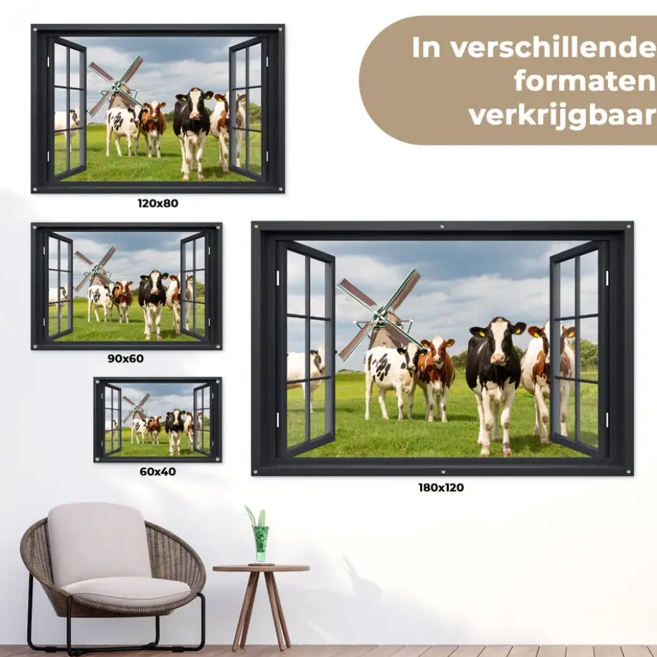 Tuinposter 90x60 cm Doorkijk - Koe - Molen - Koeien - Weiland - Gras - Groen