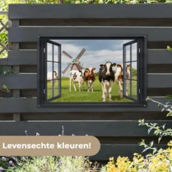 Tuinposter 120x80 cm Doorkijk - Koe - Molen - Koeien - Weiland - Gras - Groen