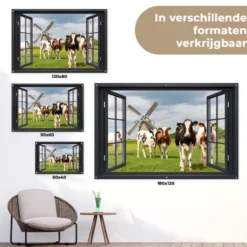 Tuinposter 120x80 cm Doorkijk - Koe - Molen - Koeien - Weiland - Gras - Groen