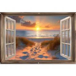 Tuinposter 180x120 cm Doorkijk - Strand - Duinen - Zonsondergang