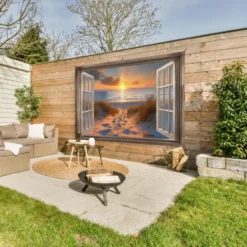 Tuinposter 180x120 cm Doorkijk - Strand - Duinen - Zonsondergang