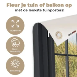 Tuinposter 120x80 cm Doorkijk - Strand - Zee - Zand - Water - Helmgras - Duinen
