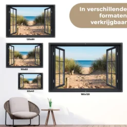 Tuinposter 120x80 cm Doorkijk - Strand - Zee - Zand - Water - Helmgras - Duinen