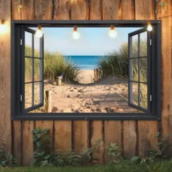 Tuinposter 180x120 cm Doorkijk - Strand - Zee - Zand - Water - Helmgras - Duinen