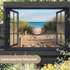 Tuinposter 180x120 cm Doorkijk - Strand - Zee - Zand - Water - Helmgras - Duinen