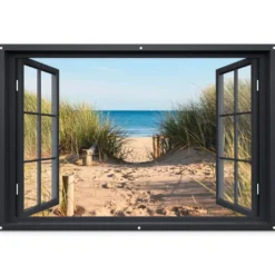 Tuinposter 180x120 cm Doorkijk - Strand - Zee - Zand - Water - Helmgras - Duinen