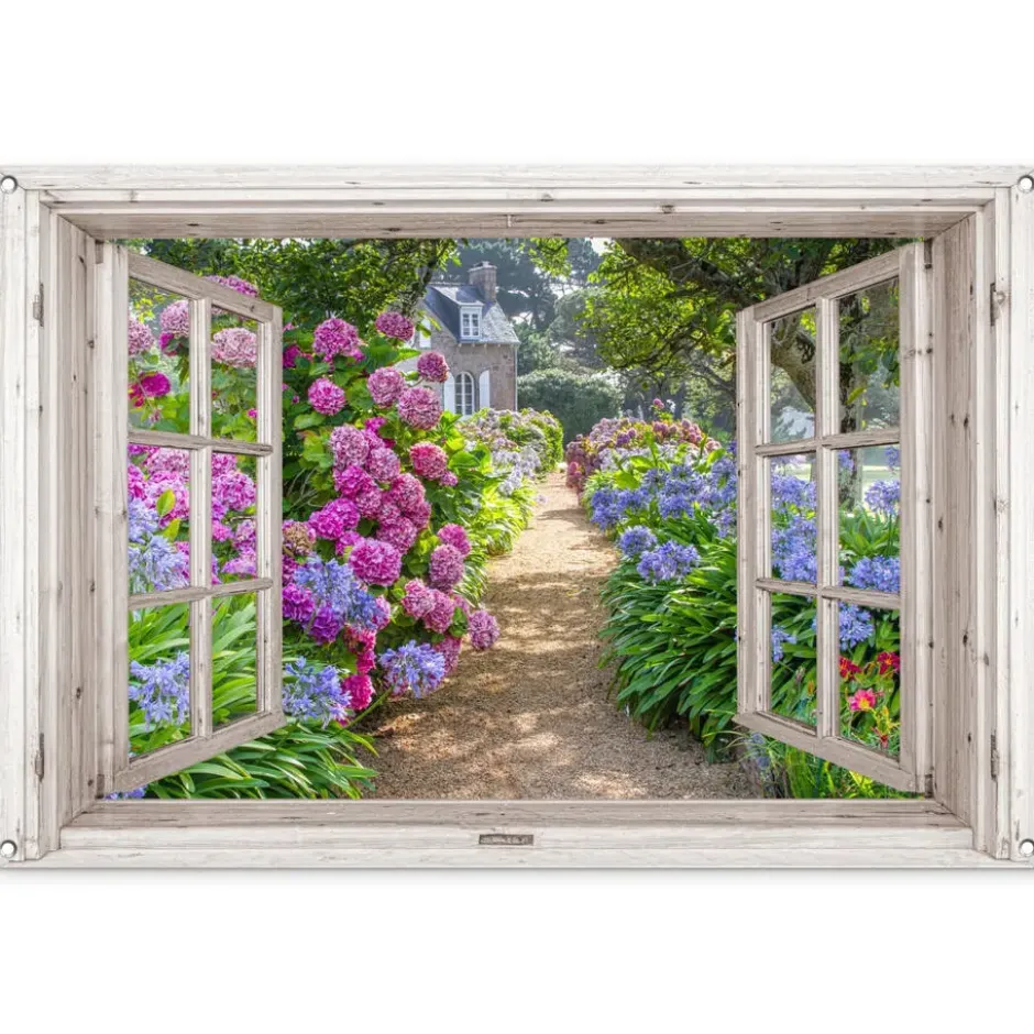 Tuinposter 120x80 cm Hortensia - Doorkijk - Bloemen - Zomer - Paars - Pad