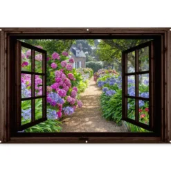 Tuinposter 180x120 cm Hortensia - Doorkijk - Bloemen - Paars - Natuur -