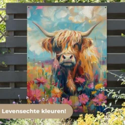 Tuinposter 120x160 cm Schotse hooglander - Natuur - Kleurrijk - Bloemen