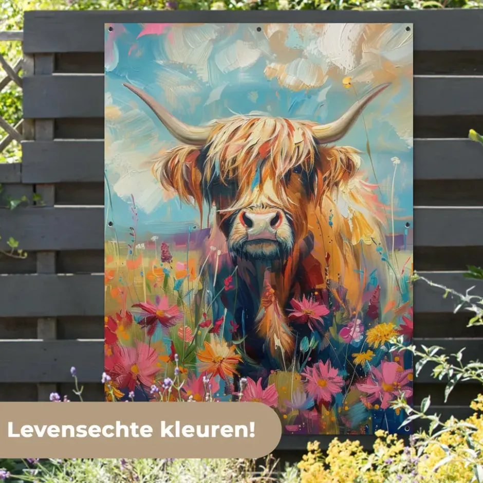 Tuinposter 120x160 cm Schotse hooglander - Natuur - Kleurrijk - Bloemen